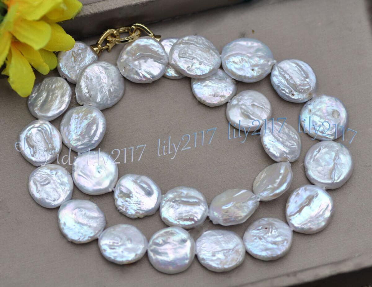 20-22mm Natural White Freshwater Baroque Pearl Flat Coin Beads Necklace 14-36”