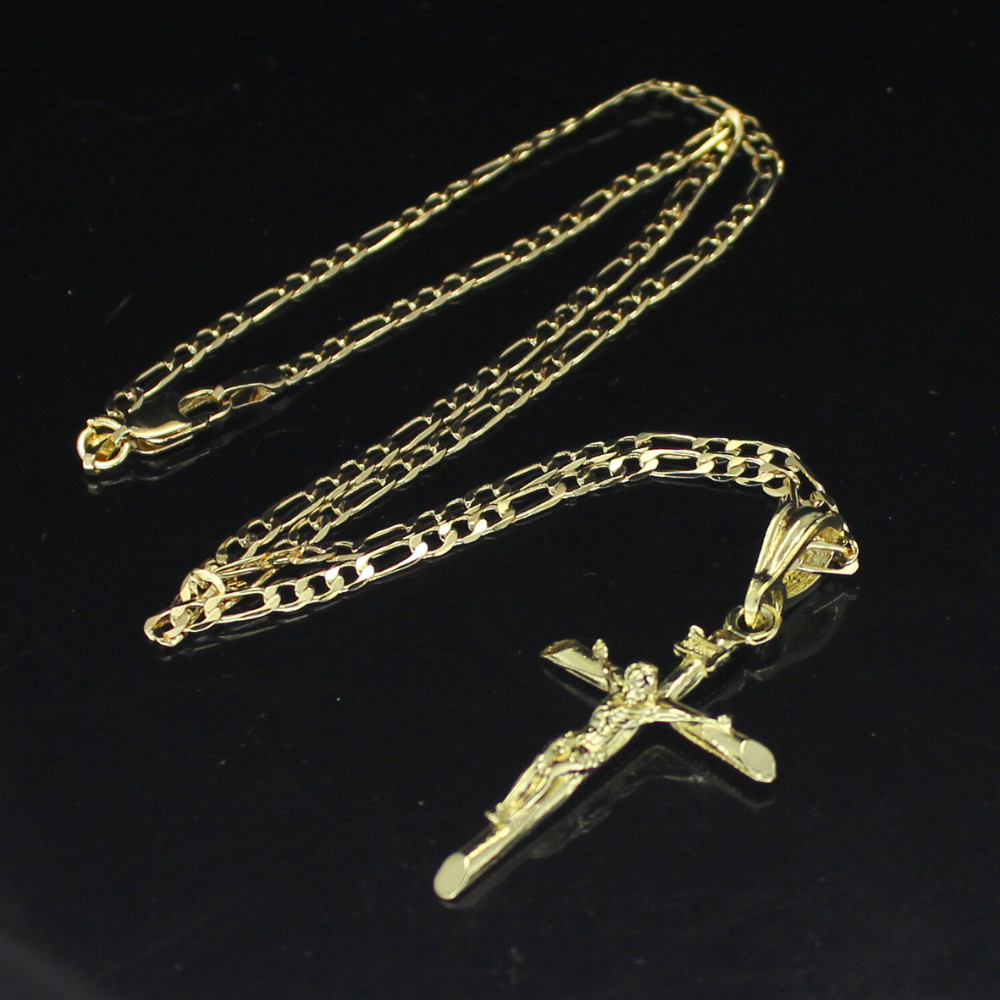 14k Gold Plated Crucifix Pendant 20″ Figaro Chain Men Women Necklace