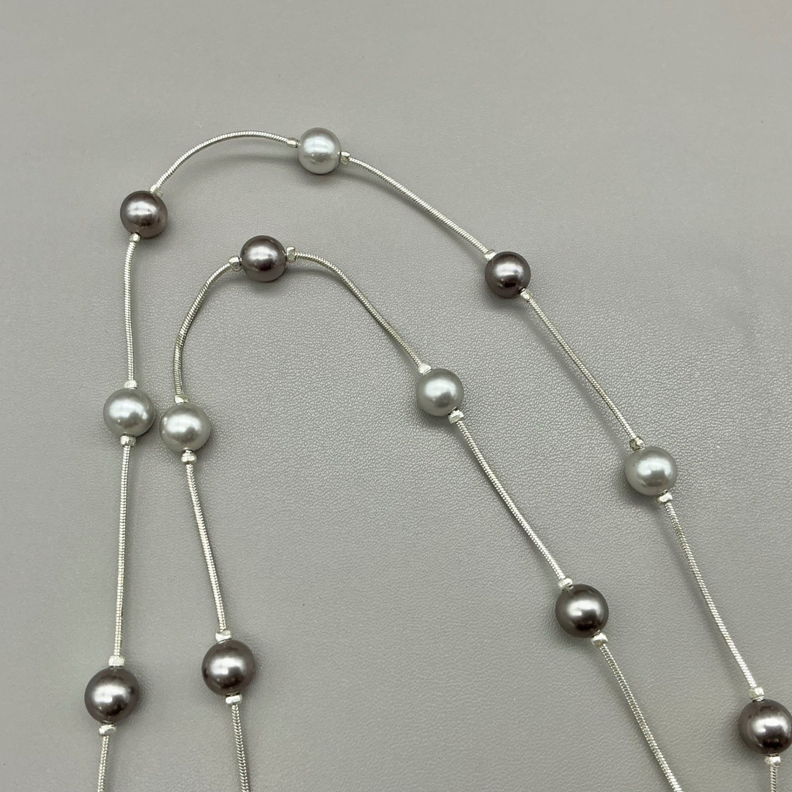Roman Necklace Womens Silver Tone Pearl Station Snake Chain Double Strand 48″