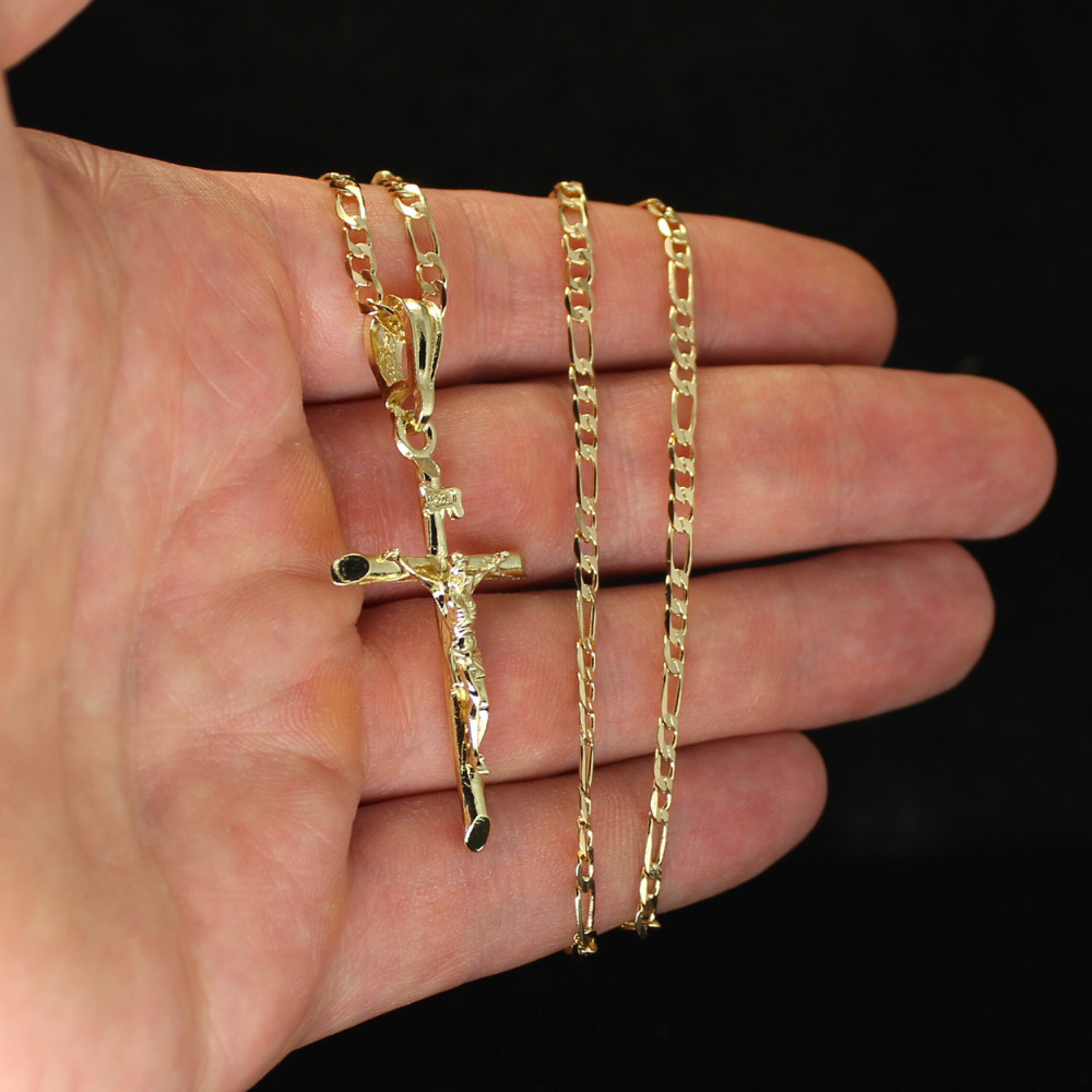 14k Gold Plated Crucifix Pendant 20″ Figaro Chain Men Women Necklace
