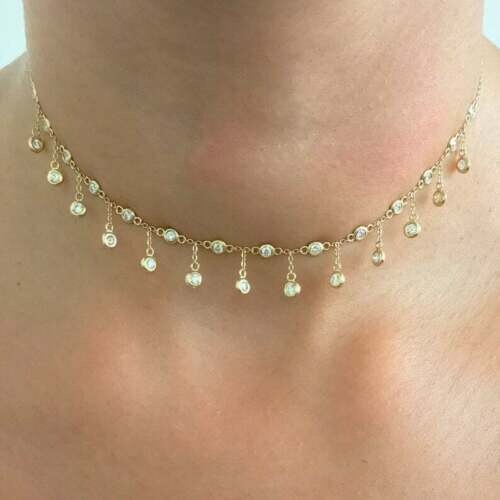 14K Yellow Gold FN Diamond Dainty Dangle Choker By The Yard Necklace 16″Chain