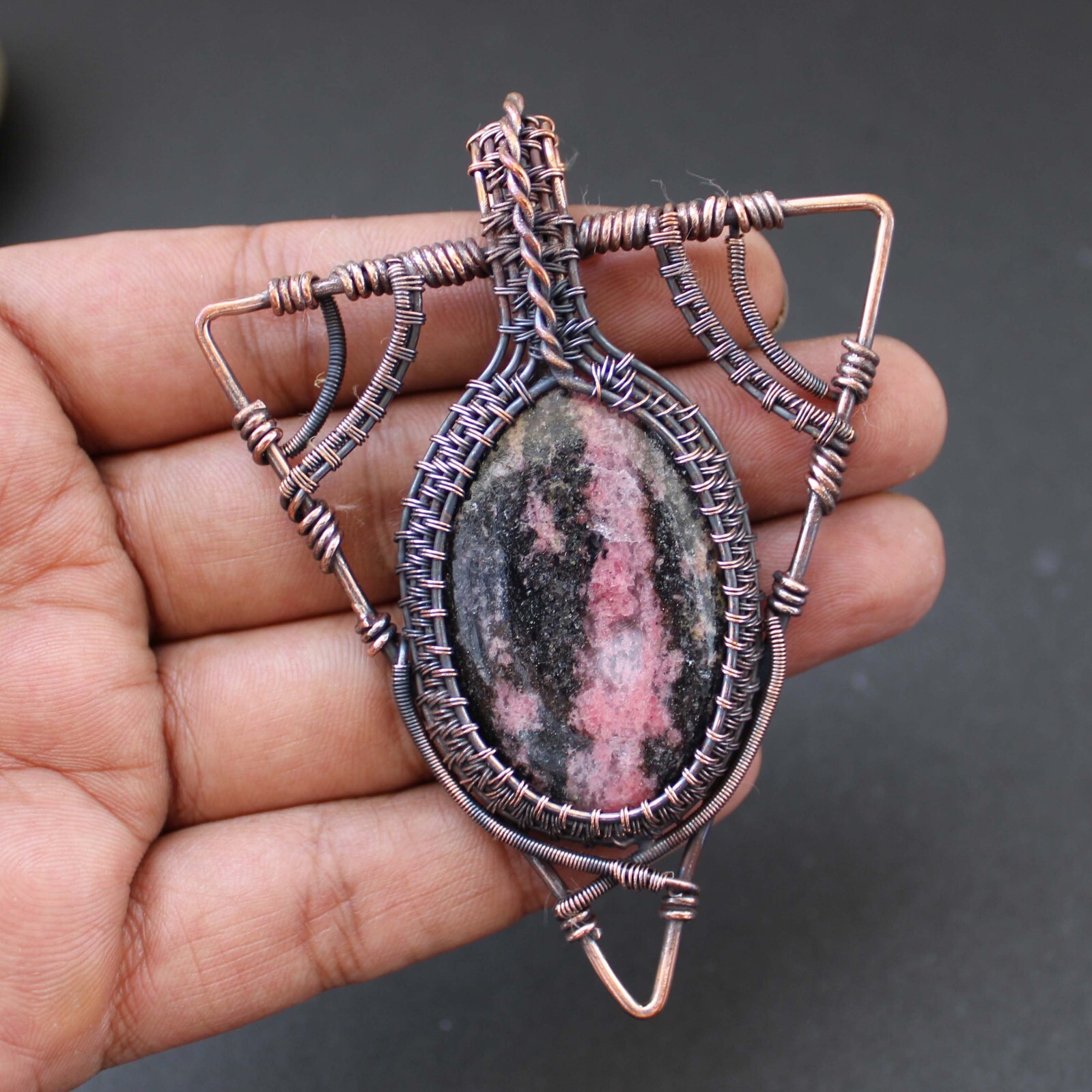 Rhodonite Pendant Copper Wire Wrapped Pendant Gemstone Wire Wrapped Jewelry