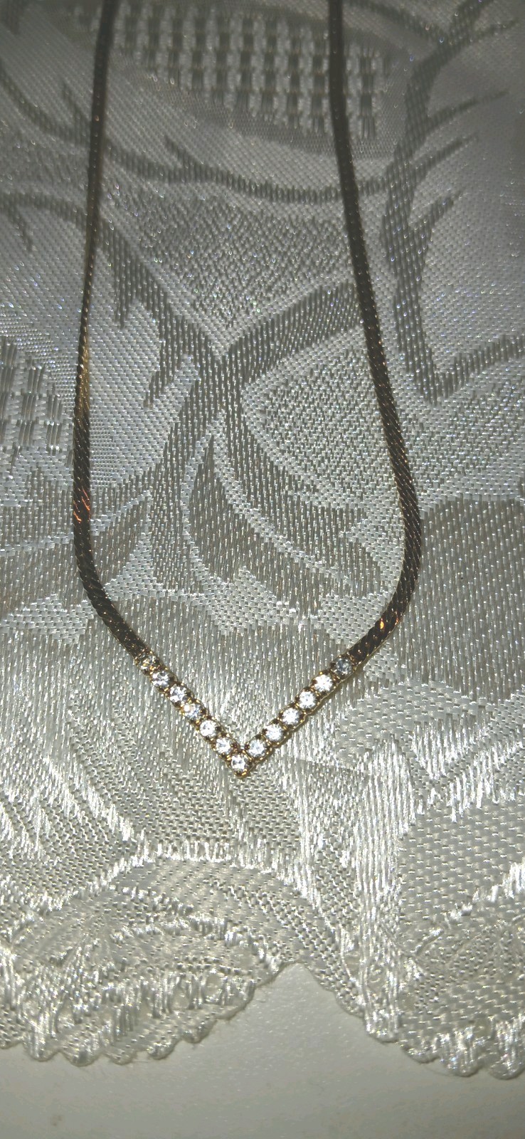 Vintage Tone Snake Chain Necklace V Crystal Charm Pendant, Spring Ring, Prong