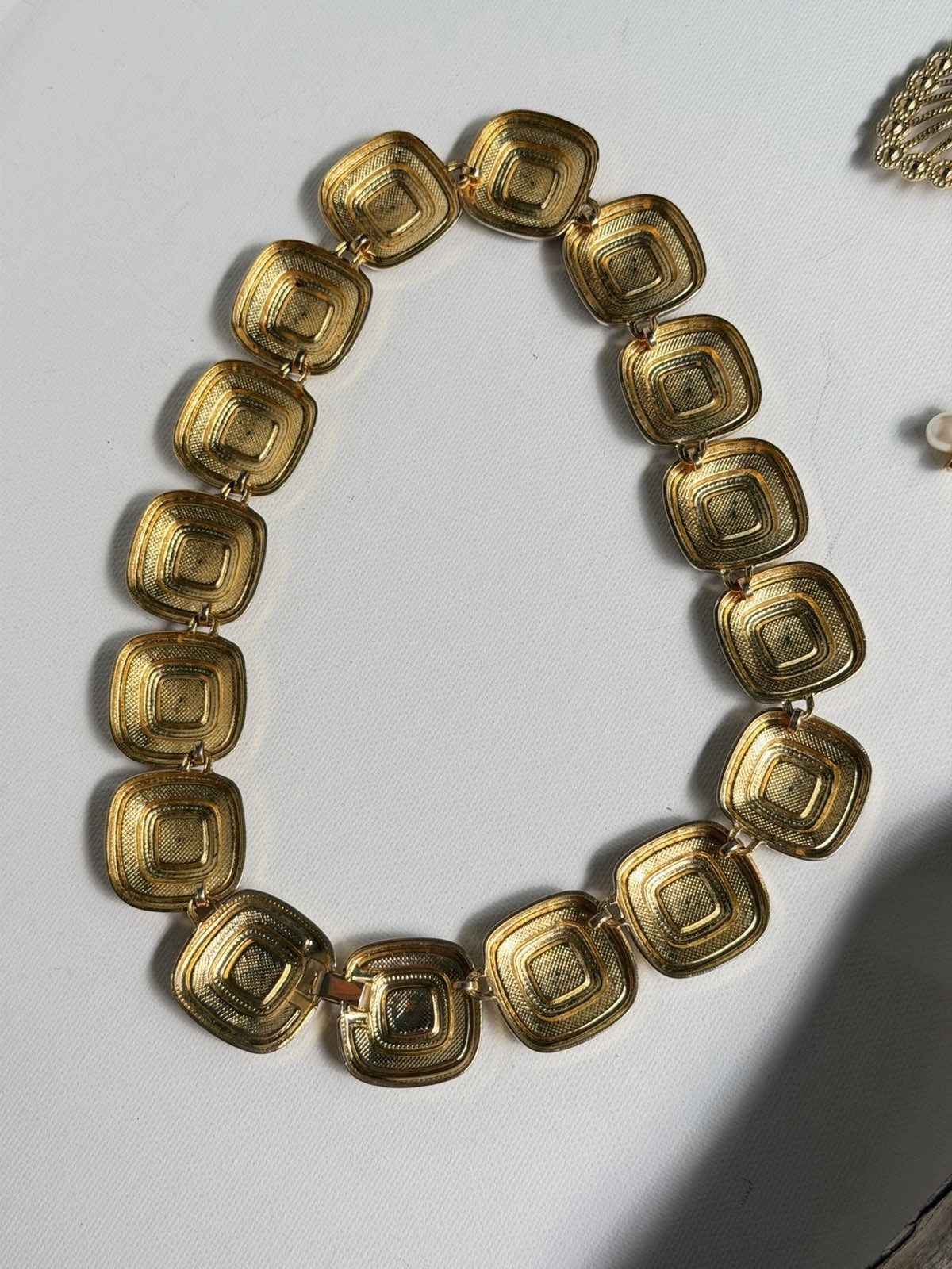 Vintage Gold Tone Navy Blue Enamel Geometric Statement Necklace Choker Collar