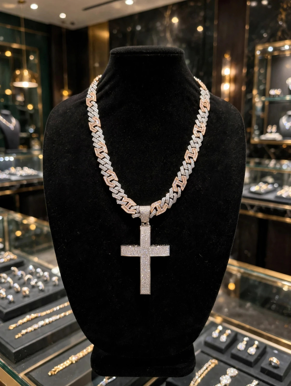 14k Stamp XL CROSS Pendant 14mm FIGARUCCI 2Tone Rose Chain 98ct Lab Sim Diamond