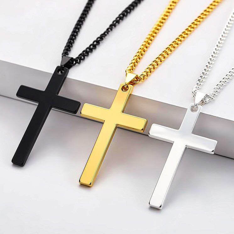 Boys Mens Stainless Steel Vintage Cross Pendant Necklace Men Women