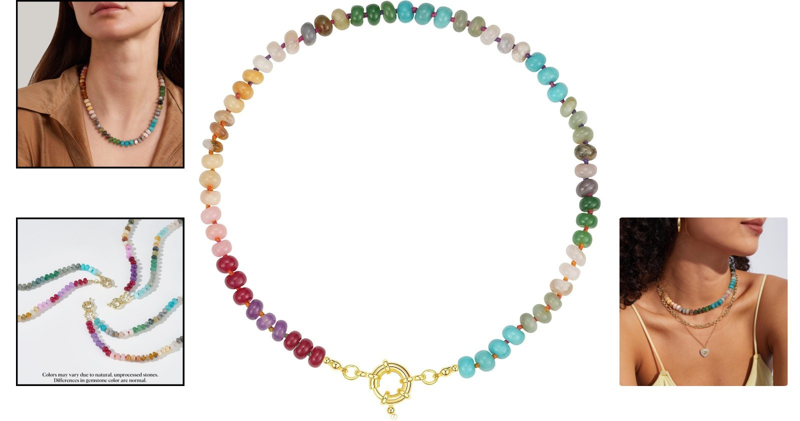 Unique Rainbow Beaded Necklace 17” – Handmade Natural Stone Choker for Summer