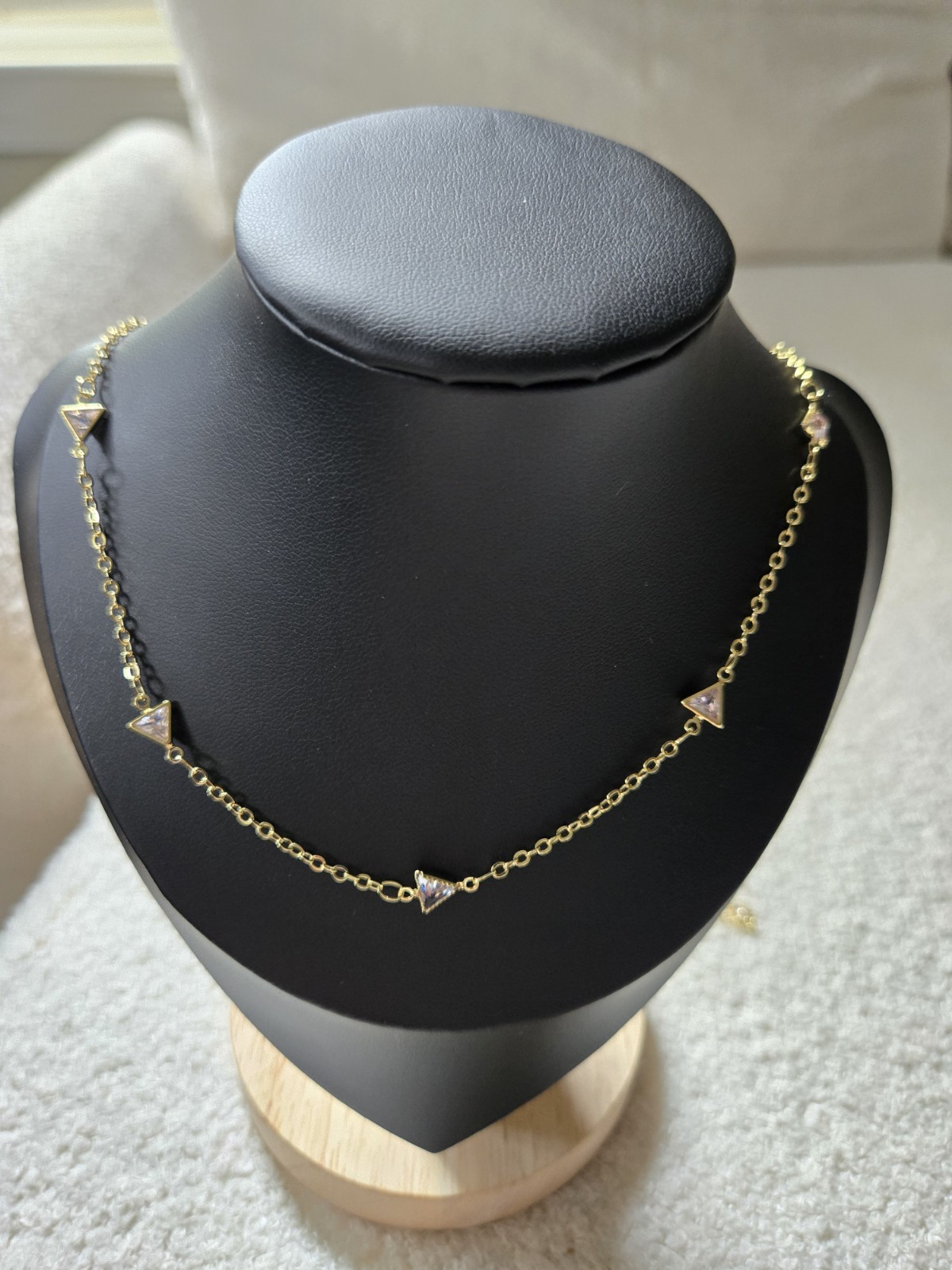 Gold Tone Station Necklace Triangle Bezel CZ 5 Stones Adjustable Cable Chain