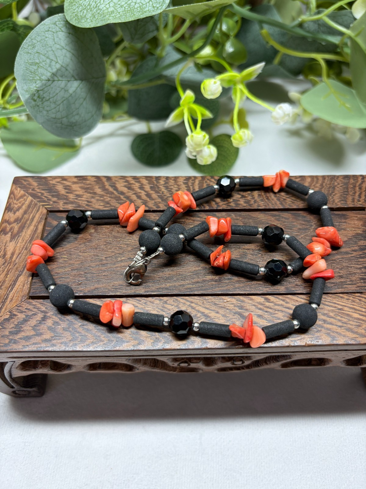 Vintage Coral, Lava Rock & Glass Beaded 18″ Necklace 16g Boho Retro Quirky