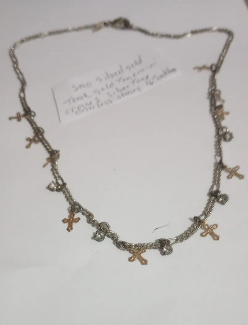 SAO Silver/Gold Tone Small Dangling Crosses And Colorless Stoned 16″necklacr