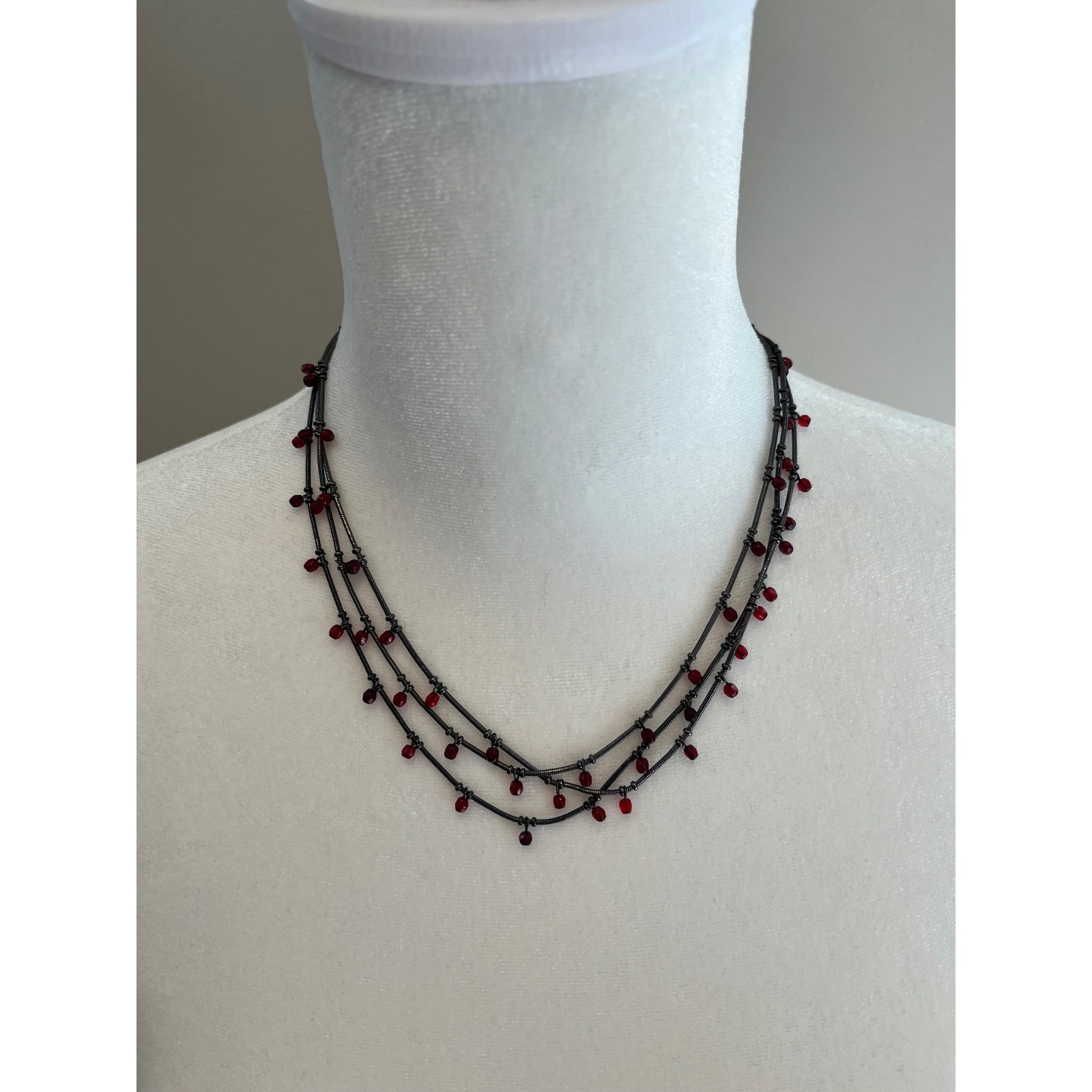 New York & Company Red Bead Gunmetal Tiered Triple Strand Necklace Heart Charm