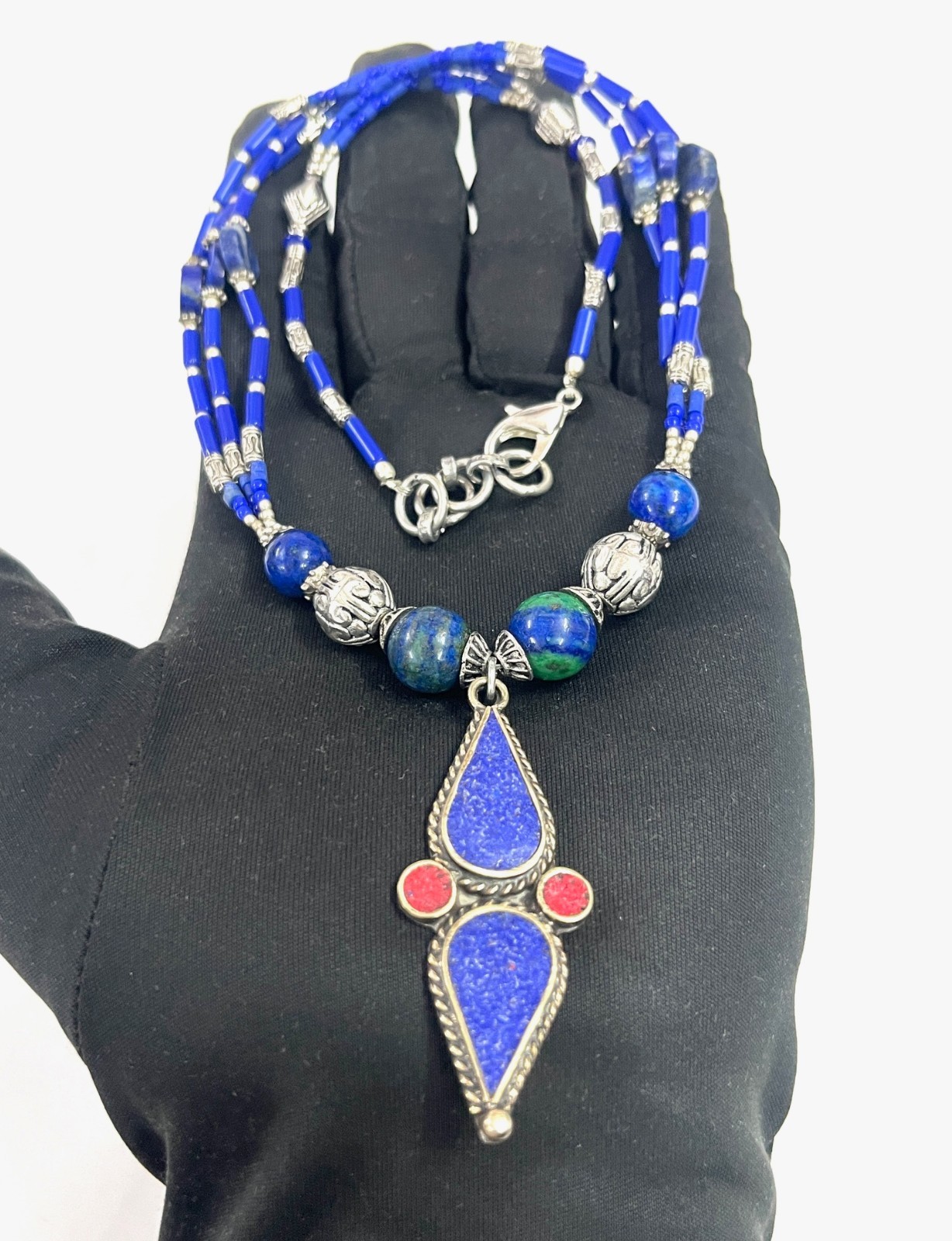 Antique Lapis Lazuli Gemstone Tibetan Bohemian Necklace Jewelry, 17 inch Adju