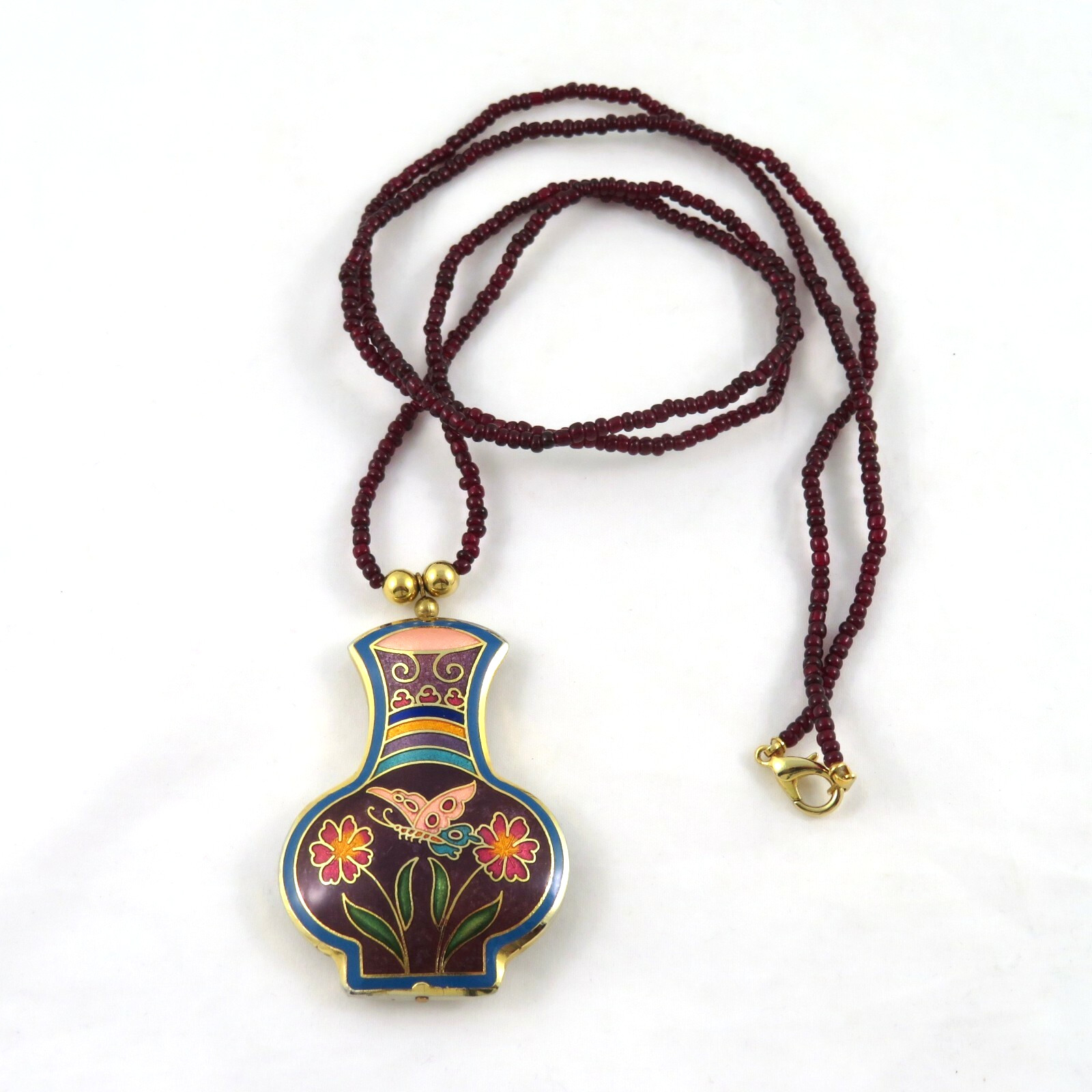 Enamel Flower Vase Pendant Necklace Butterfly Beaded Chain 37.75″