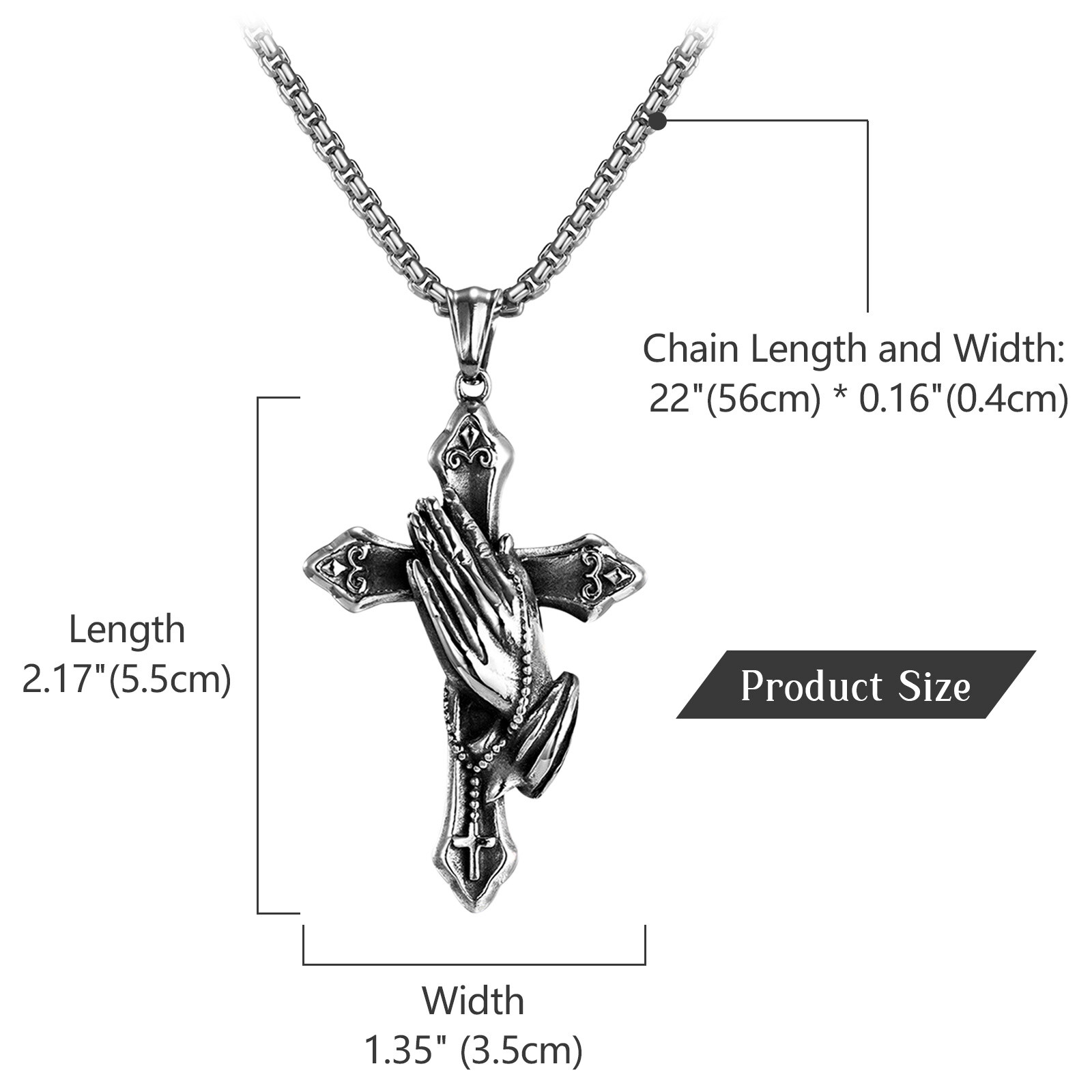Mens Boys Vintage Stainless Steel Praying Hands Cross Pendant Necklace 22in Gift