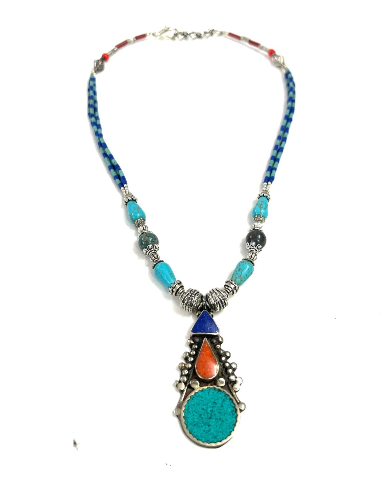 Tibetan Turquoise Lapis Gemstone Handmade Necklace Jewelry, 17 Inch Adjs