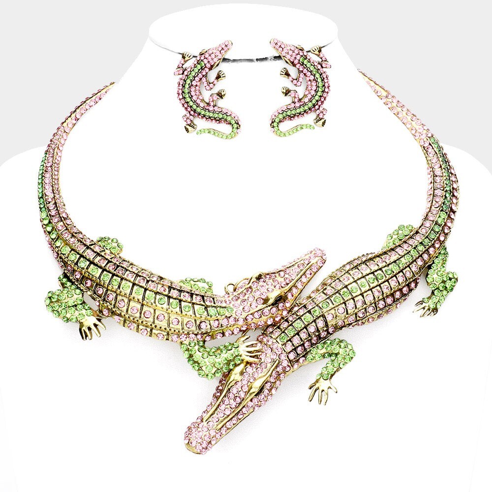 Crystal Bib Alligator Necklace Crocodile Choker Chain Necklace Earrings Set
