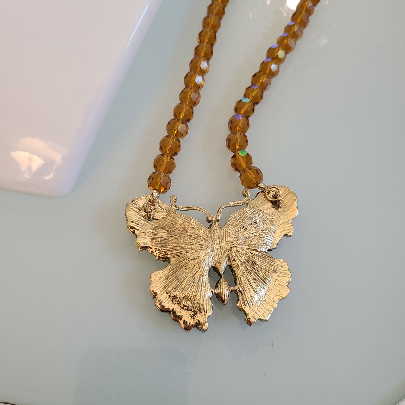 MAGNIFICENT HUGE 2 3/4 ” BUTTERFLY NECKLACE AND EARRINGS SET FACETED CRYSTALS
