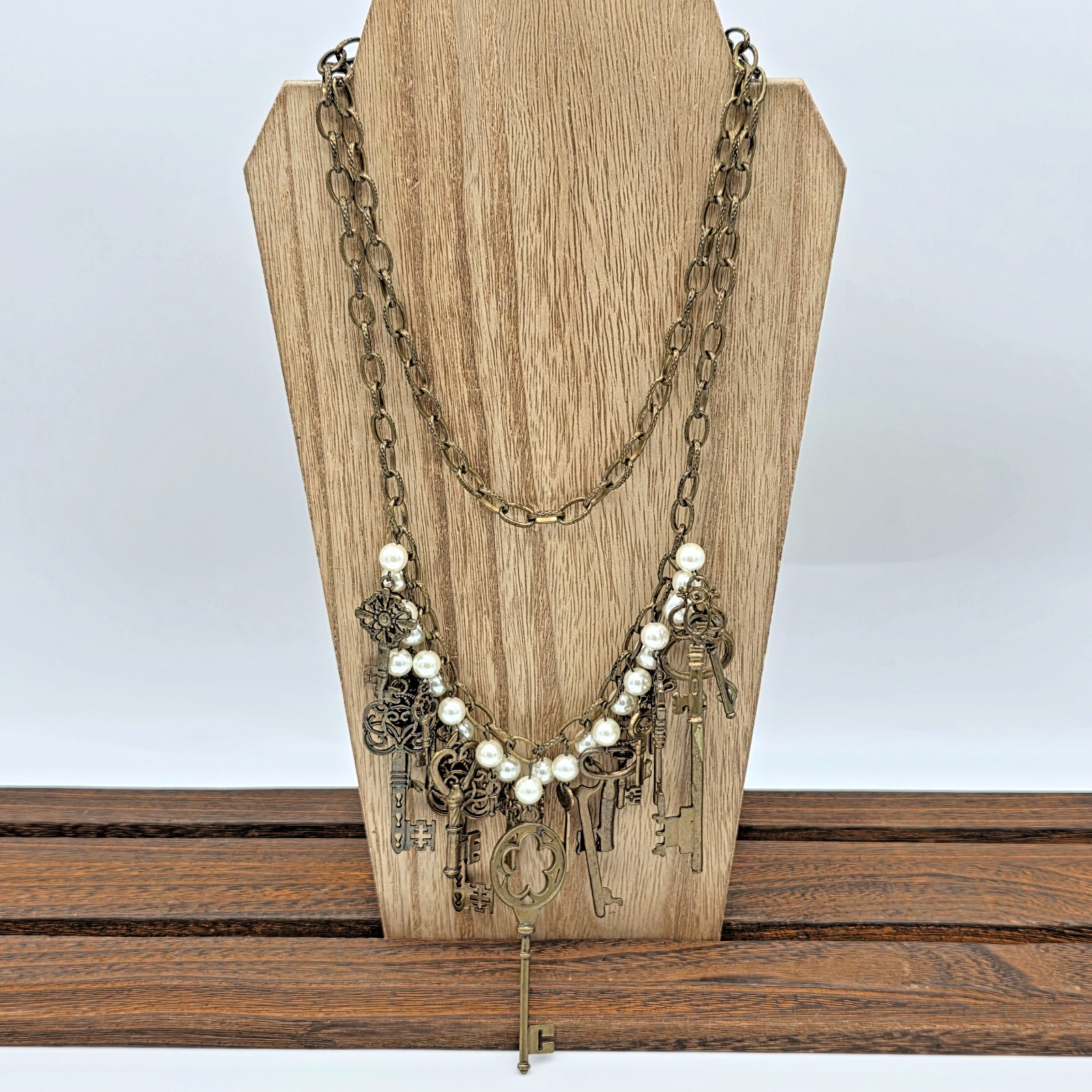 Plunder QUINCY Antique Bronze Fringe Necklace Pearls Brass Skeleton Keys 36”