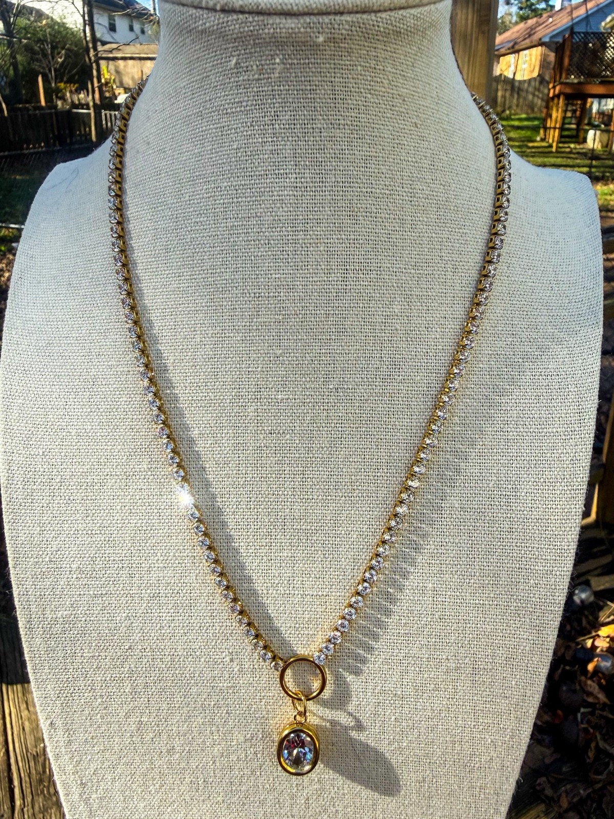 17″ Gold Stainless Steel Tennis Chain Necklace Oval CZ Charm Rhinestone Sparkle