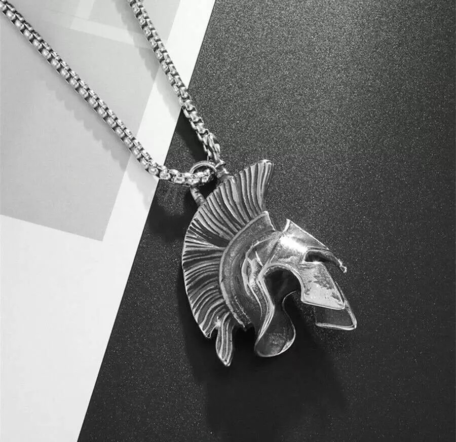 Roman Spartan Warrior Mask Helmet Jewelry Vintage Silvery Pendant Necklace