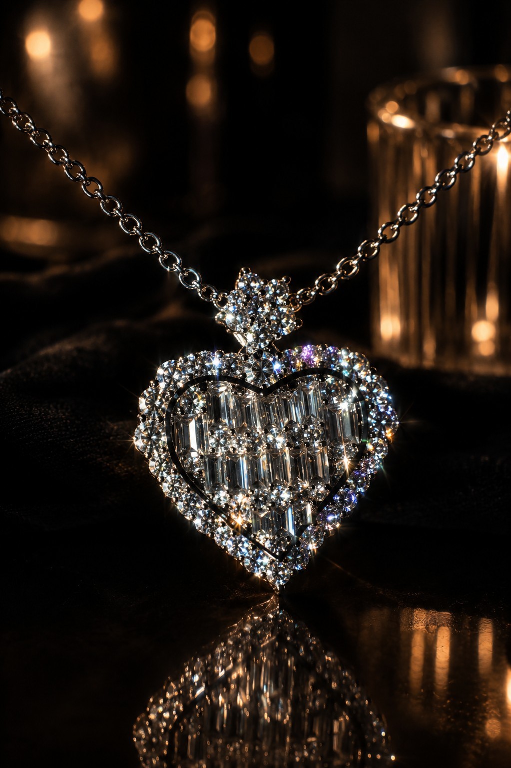 Silver Heart Pendant Necklace Baguette CZ Halo 18″ Chain Gift for Women