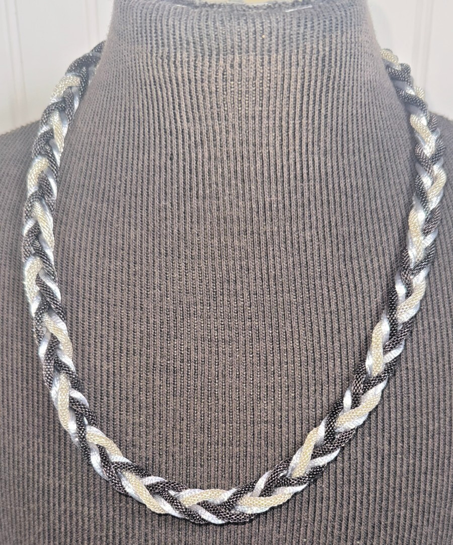 Braided Mesh Rope Necklaces Black & Silver Metal Clamp Round Satin Silk Material