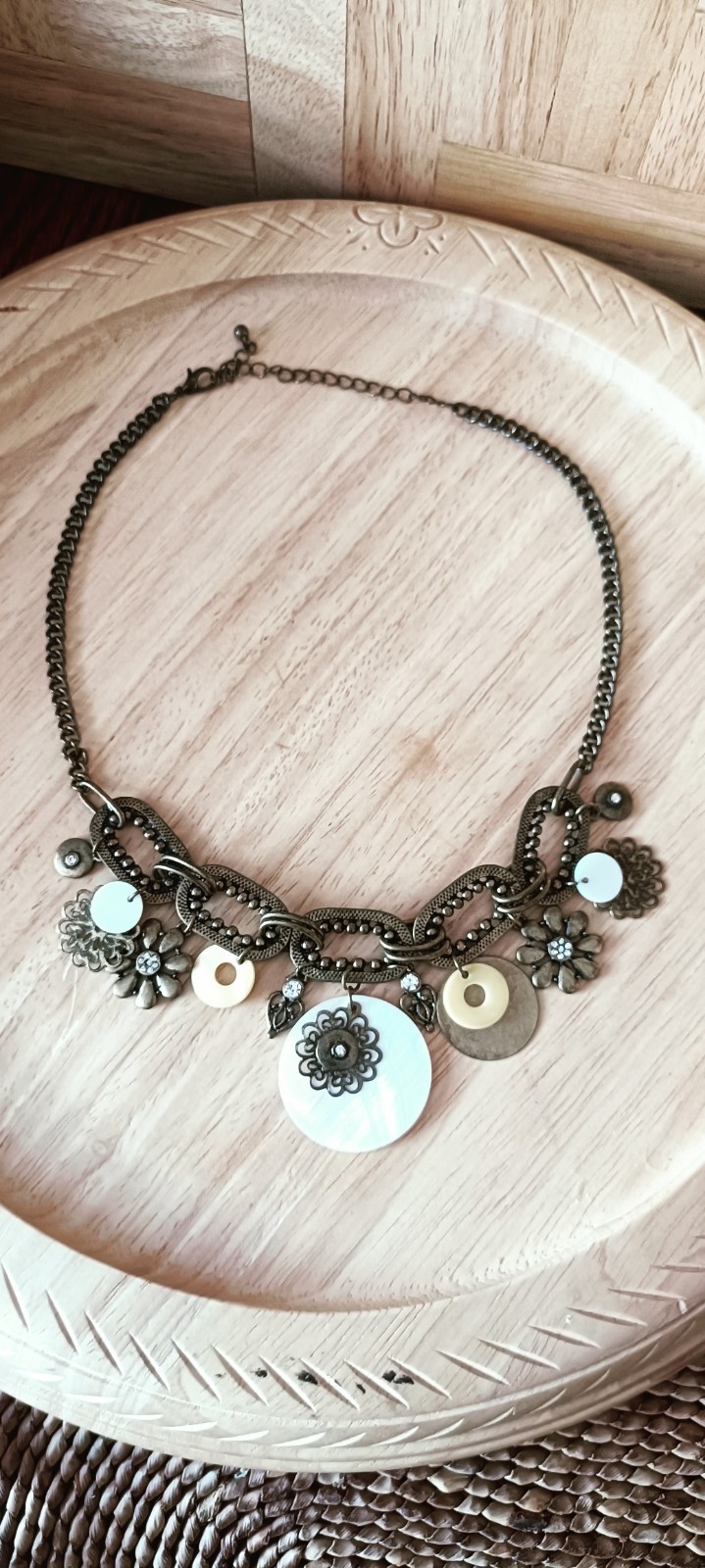 Vintage Boho Brass Charm Statement Necklace Mother of Pearl Floral Mixed Metal