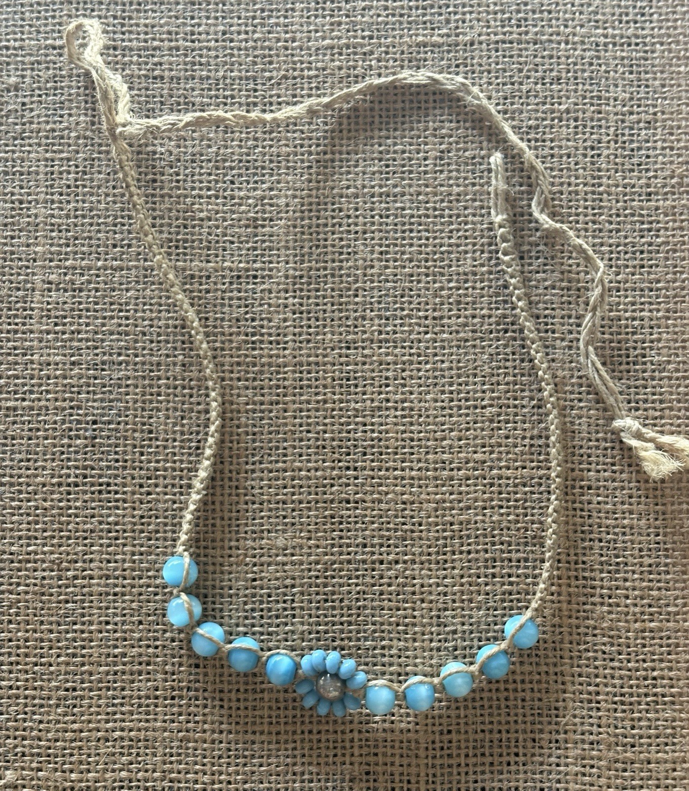 Blue Beige Beaded Choker Necklace Flower Pendant Cord Adjustable Tie Closure