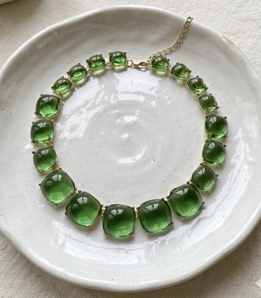 Zara Necklace Clear Candy Cabochon Gold Jelly Geometric Boho Green Retro Chain
