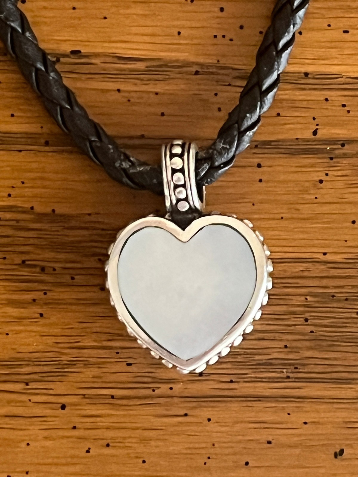 15 INCH 925 SILVER & MOTHER OF PEARL HEART BLACK BRAIDED ROPE NECKLACE