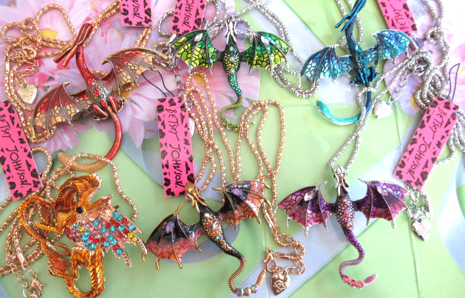 LOT OF 6 BETSEY JOHNSON Rhinestone Novelty DRAGON Necklaces / Brooches NWT NEW