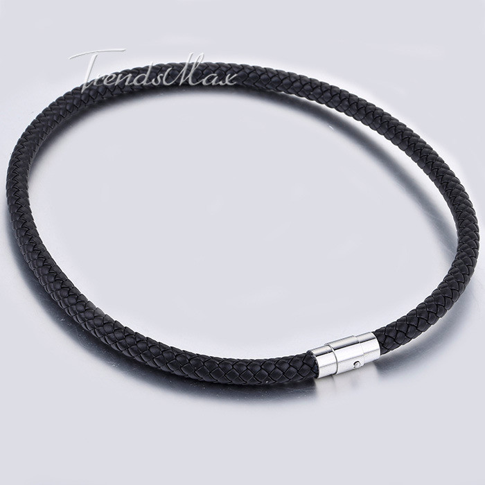 4/6/8mm Black Rope Leather Cord Necklace Stainless Steel Magnetic Clasp 16″-24″