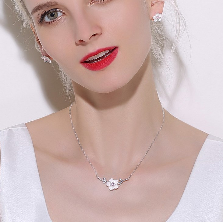 Silver sakura cherry flower Pink Crystal pendant necklace 18″ Chain gift box S5
