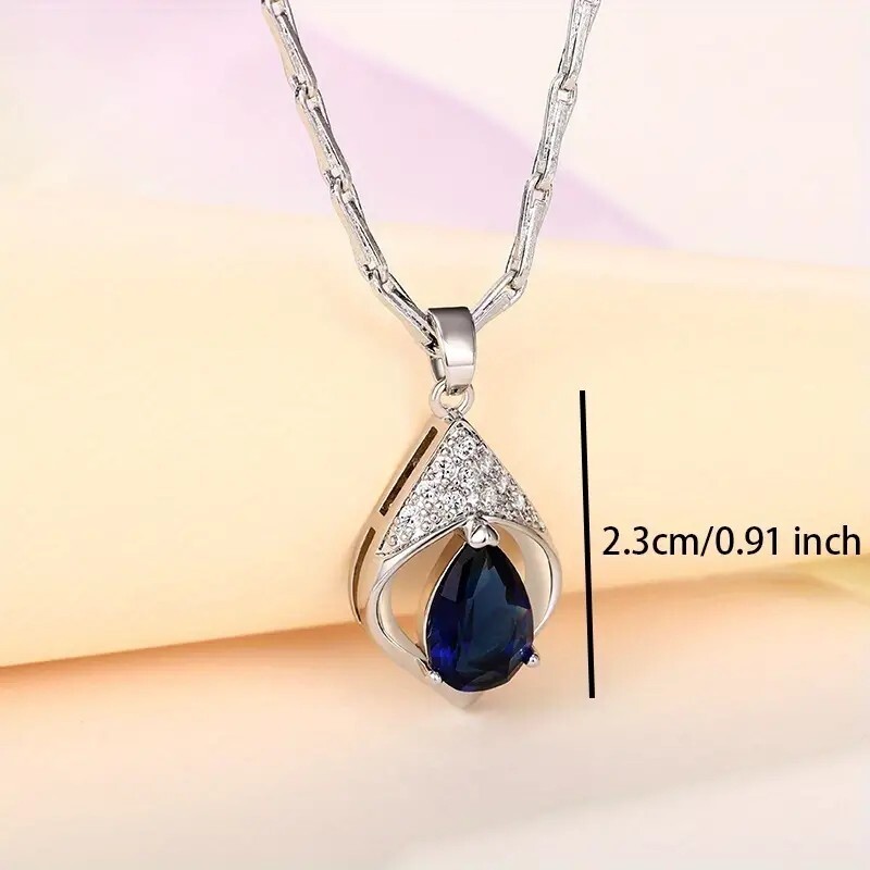 Teardrop Blue Sapphire Clavicle Necklace – Women Engagement/Wedding