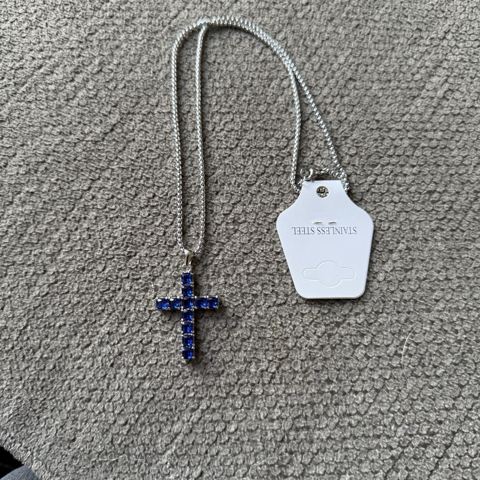 Silver Tone Box Chain Necklace Blue Crystal Cross Pendant Prong Set