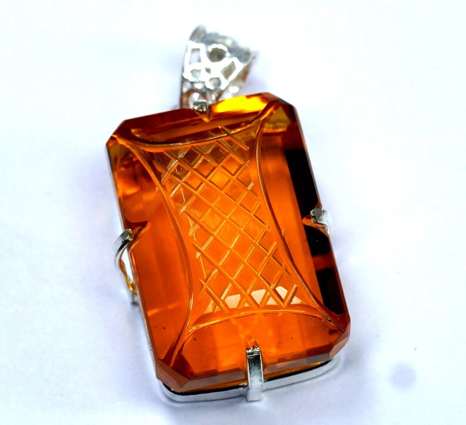 Emerald Cut 94 Ct Natural Carving Citrine 925 Solid Sterling Silver Pendant Gem