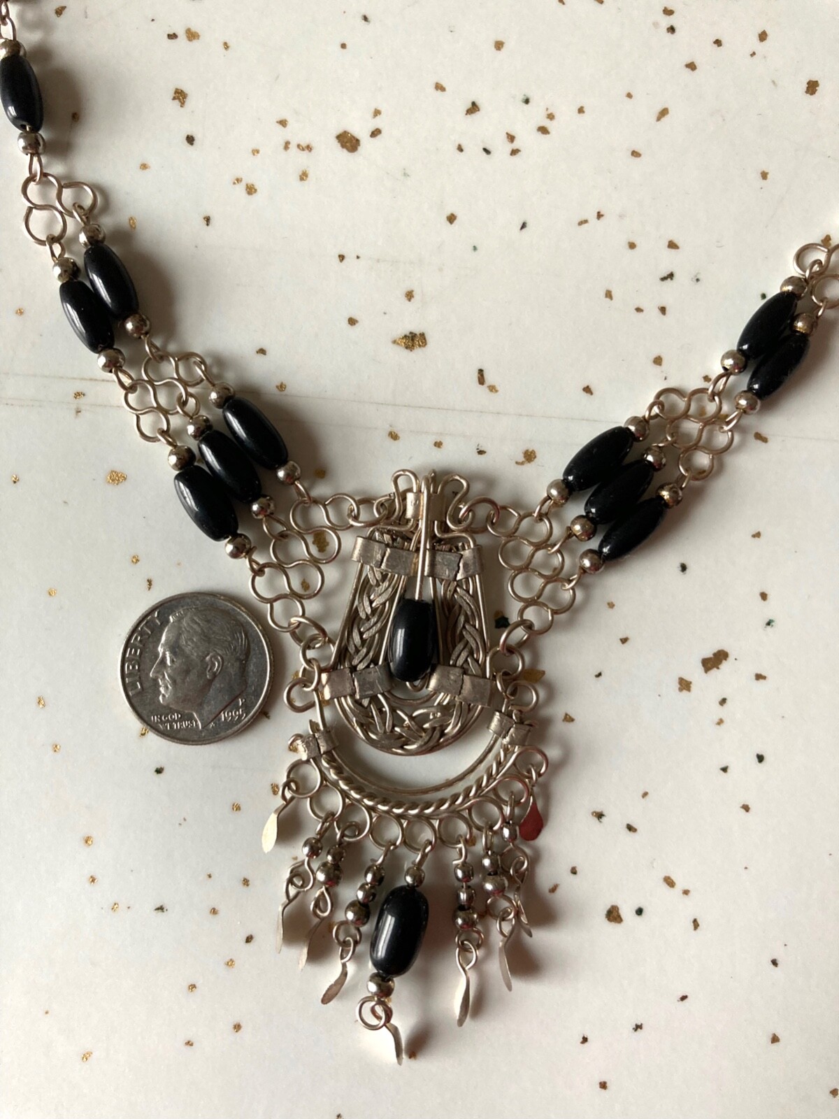 New Handmade Peruvian Alpaca Silver Black Beaded Chocker Necklace 17″ Long