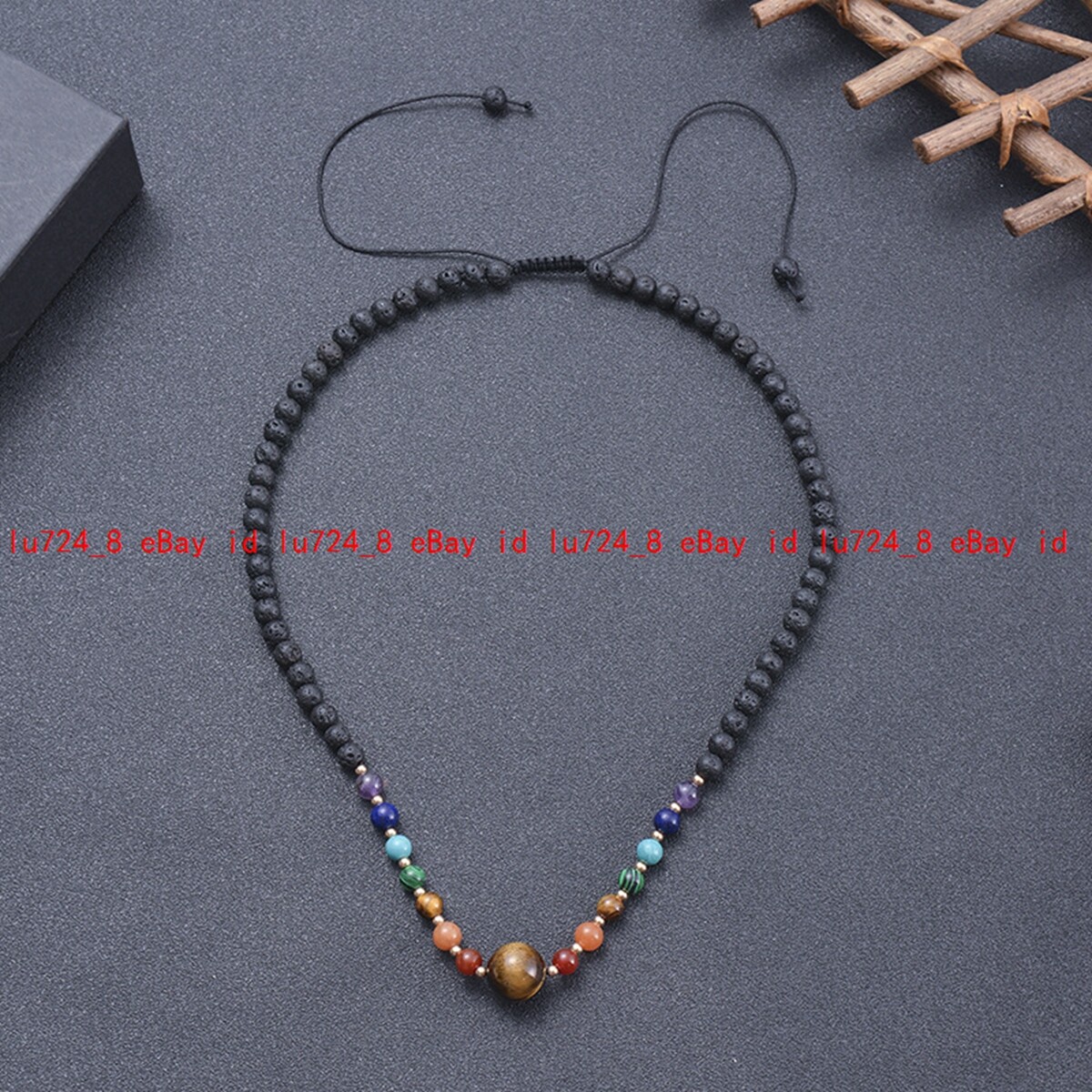 6mm Round Black Lava Rock Gems Braid Rope Adjustable Tigers Eye Pendant Necklace