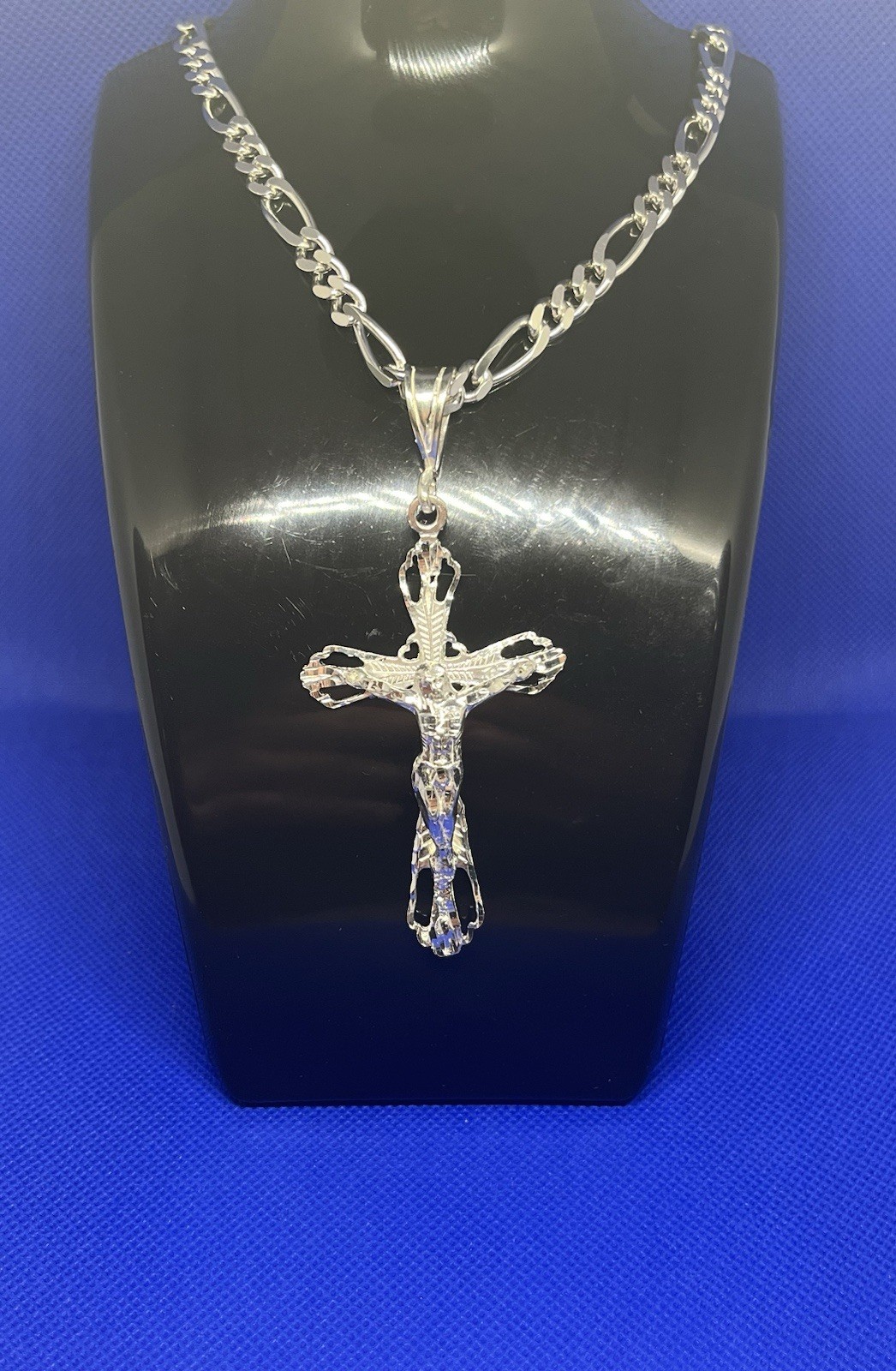 Silver Figaro Chain Necklace With Cross Pendant Religious