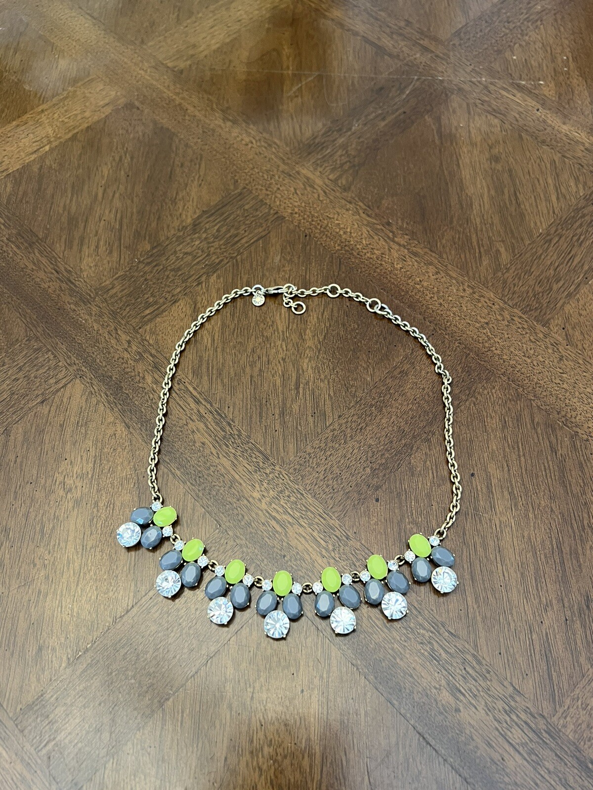 J. Crew Lime Green & Gray Rhinestone Fashion Statement Necklace Gold Tone Nice!