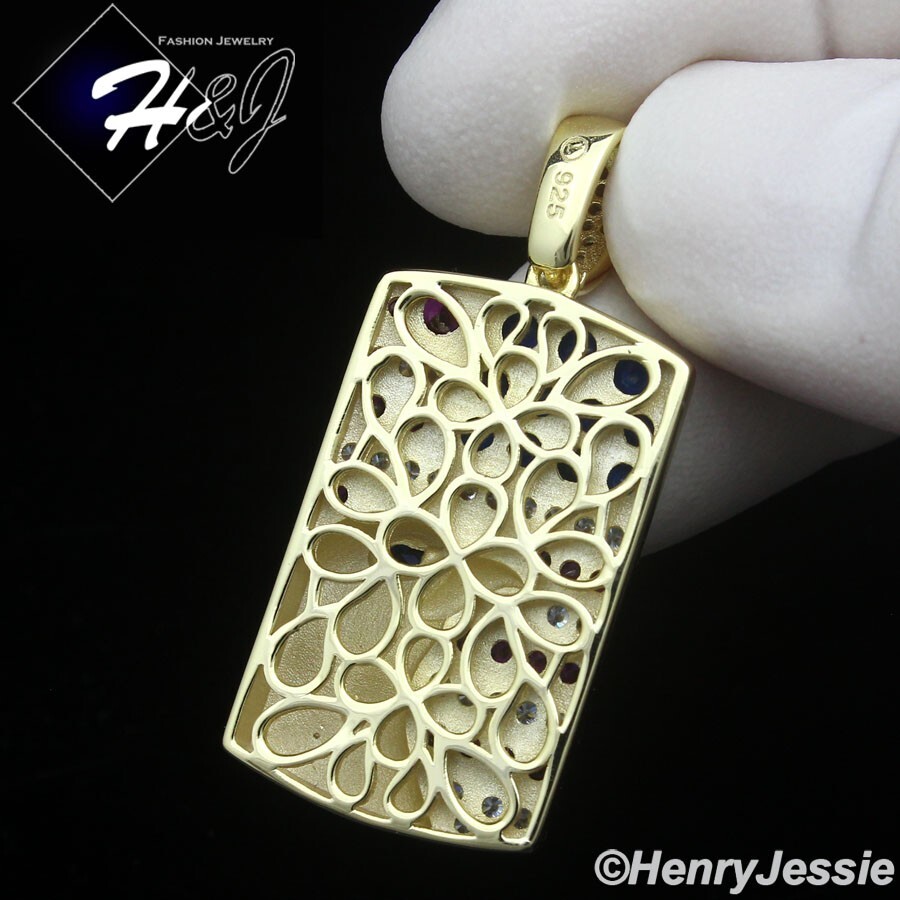 MEN 925 STERLING SILVER ICY BLING CZ 3D GOLD PLATED EAGLE DOG TAG PENDANT*GP465