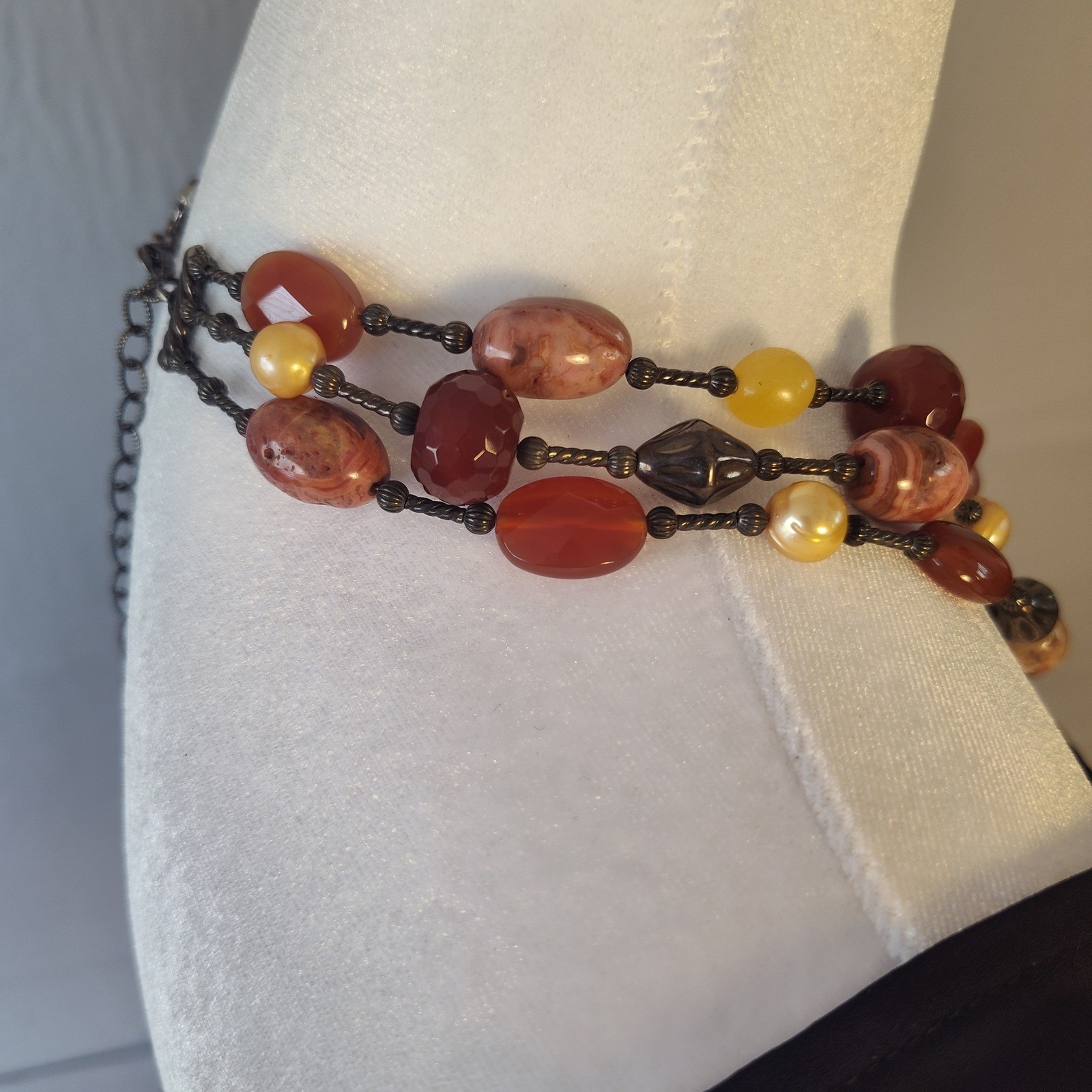 Multi Strand Earth Tone Beaded Necklace Bronze Tone Layered Stone Statement 22in