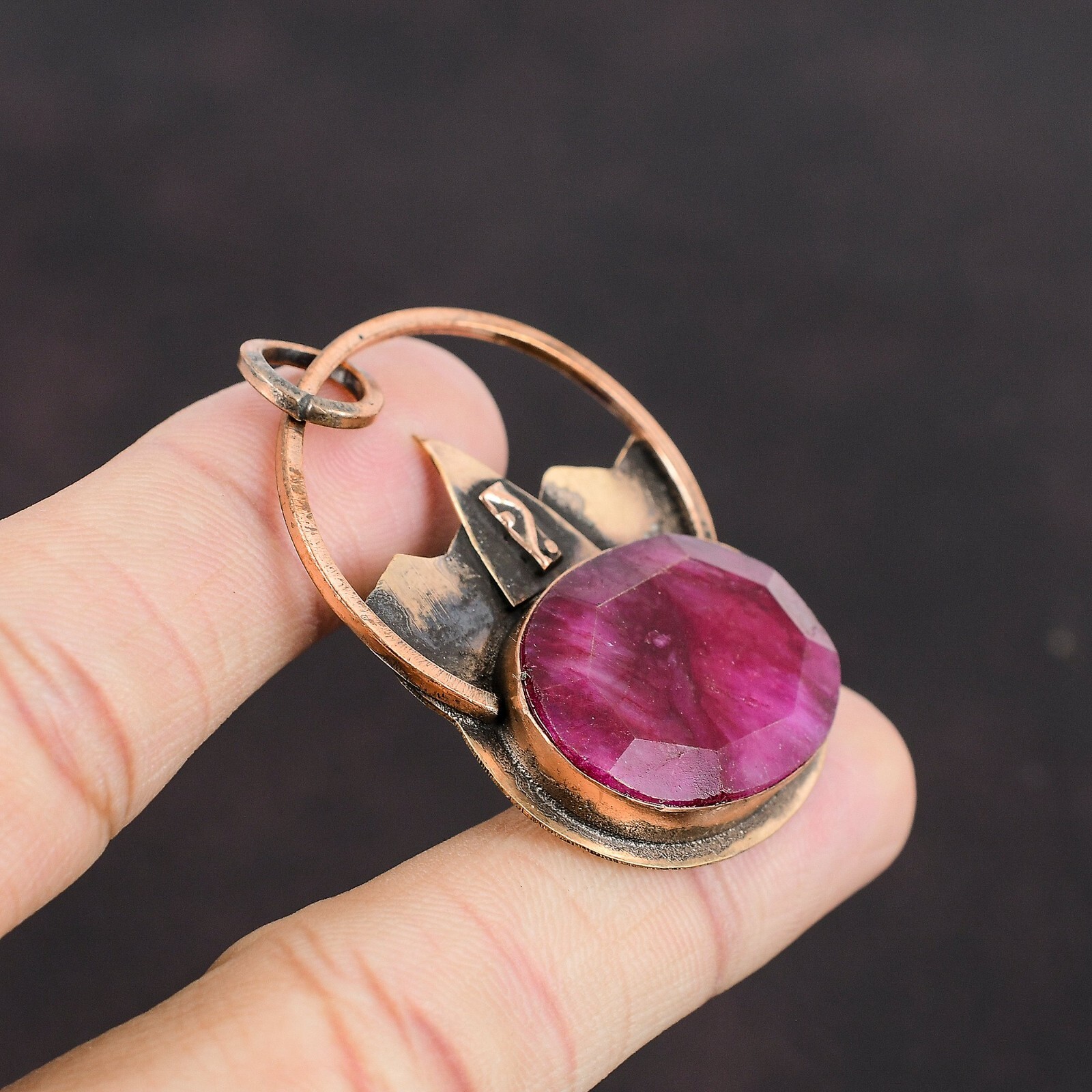 Valentines Deal Oval Kashmir Rubi Stone Copper Bezel Handcrafted Unique Pendant