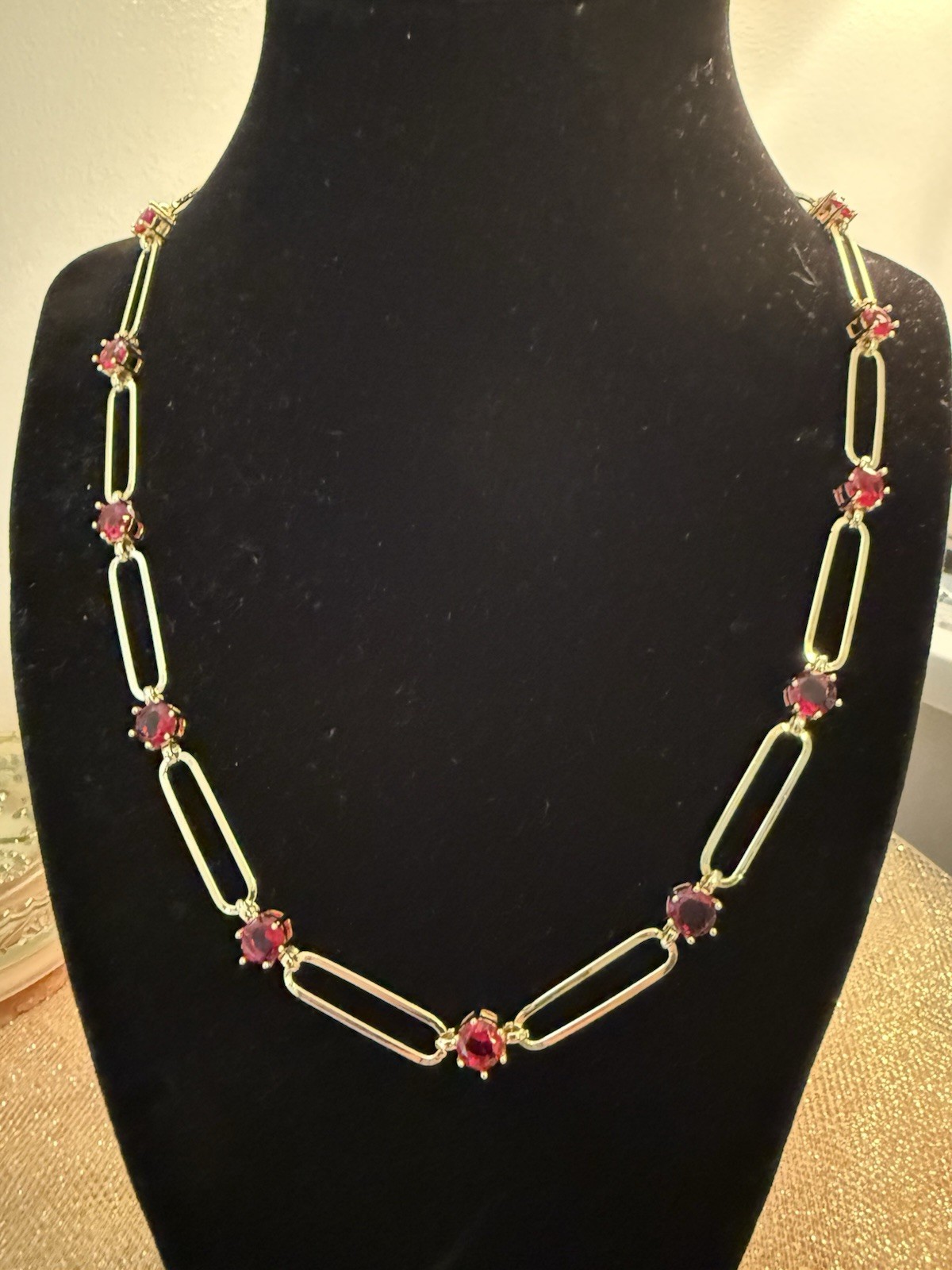 Red Austrian Crystal Paperclip Chain Necklace 18-20 Inches In Goldtone.