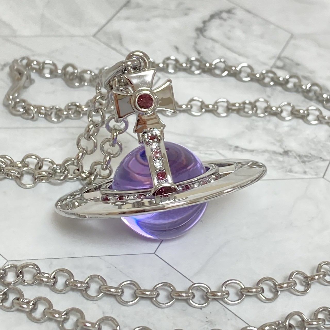 Vivienne Westwood Necklace Small Orb Silver Purple Chain 80cm Top 4.5cm NO BOX