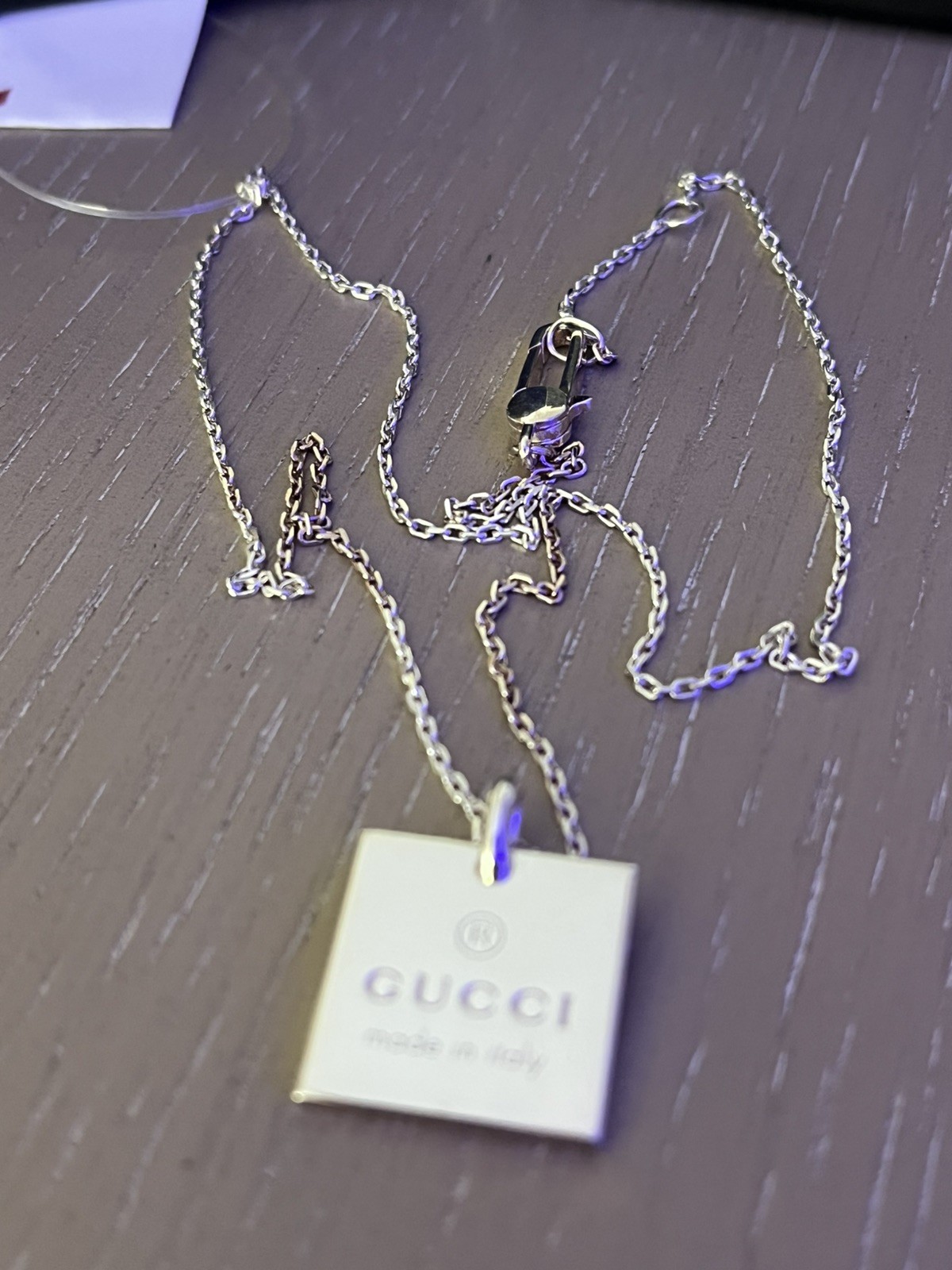 GUCCI Necklace Square Plate Pendant Engraved Logo Adjustable Chain Silver