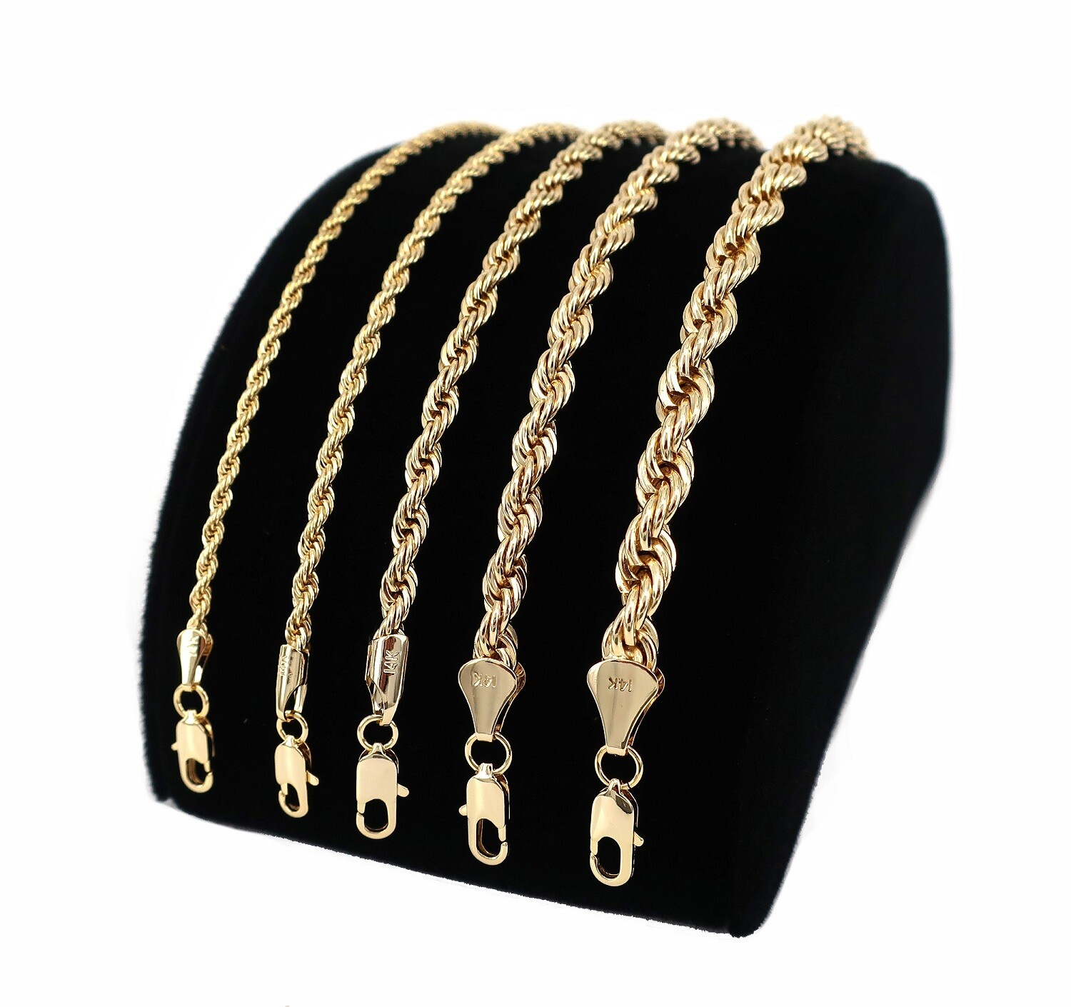 2.5mm to 5mm Rope Chain Necklace Bracelet 16″ 18″ 20″ 24″ 30″ 14K Gold Plated