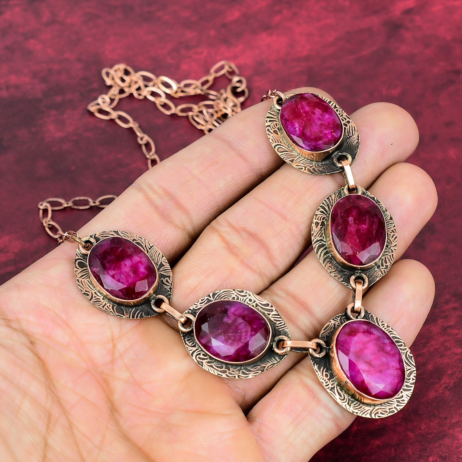 Valentines Sale Oval Kashmir Rubi Gemstone Engagement Gift Chain Necklace Copper