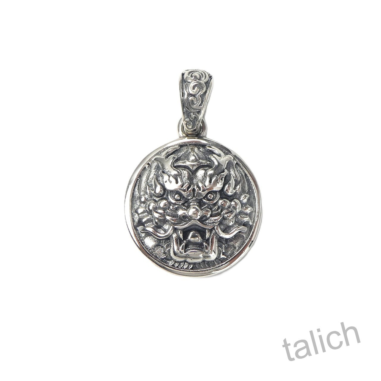 925 Sterling Silver Detailed Chinese Dragon Head 20mm Small Round Amulet Pendant