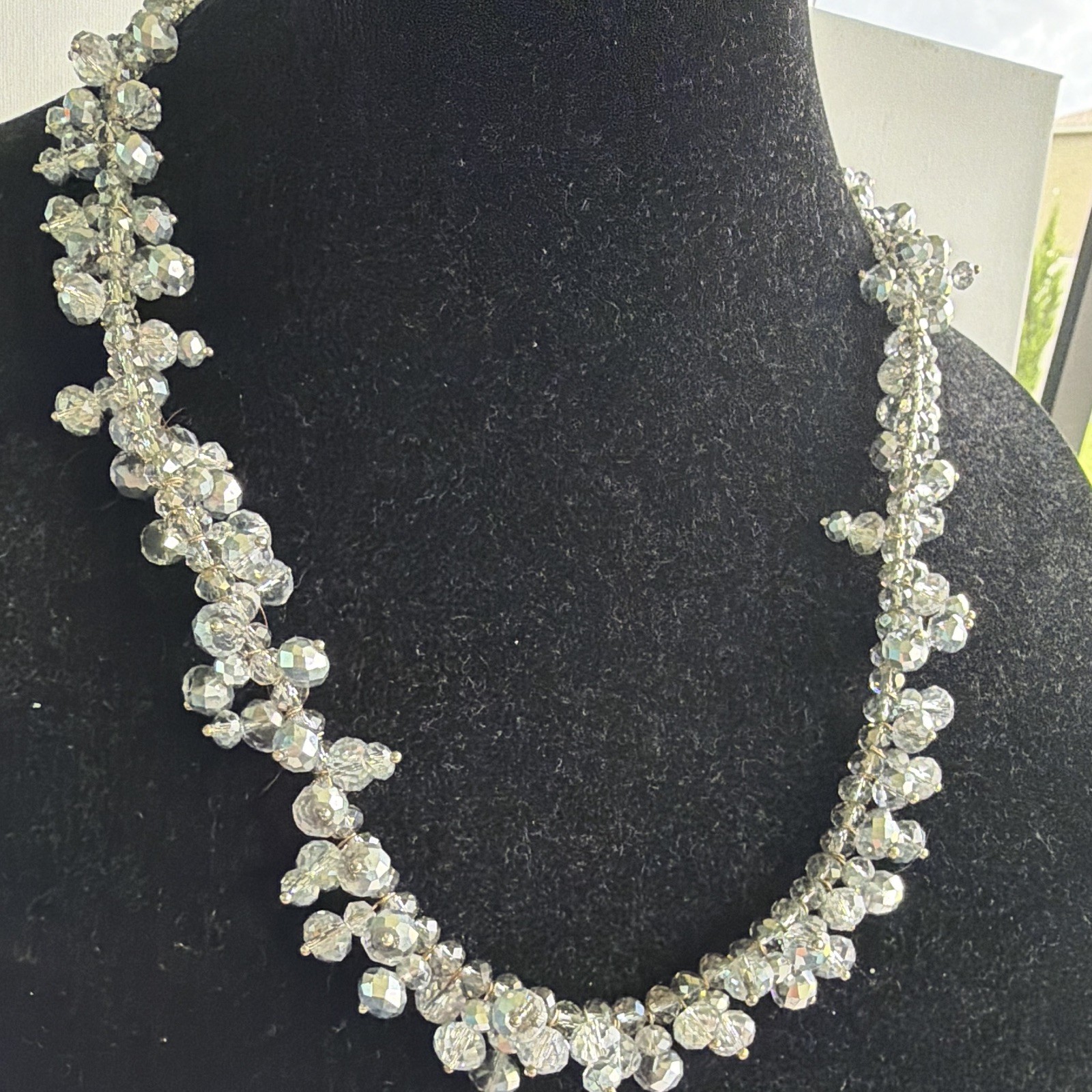 Clear Crystal Faceted Beaded Statement Chain Necklace, Round White/Colorless